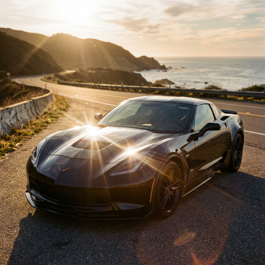 Black sports car parked on roadside with ocean and hills in background